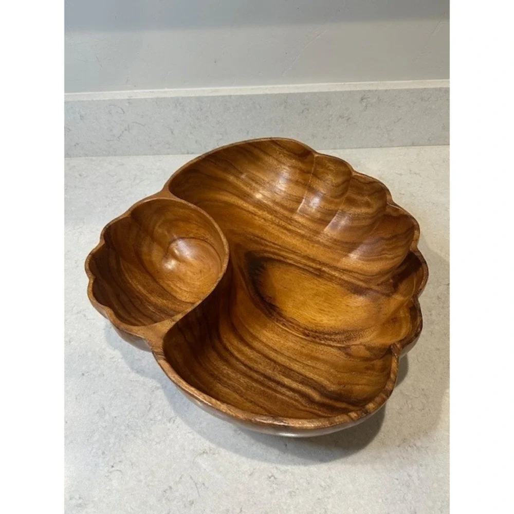 Large Vintage Wooden Shell Shaped Mid Century Serving Dish Monkey Pod Bowl